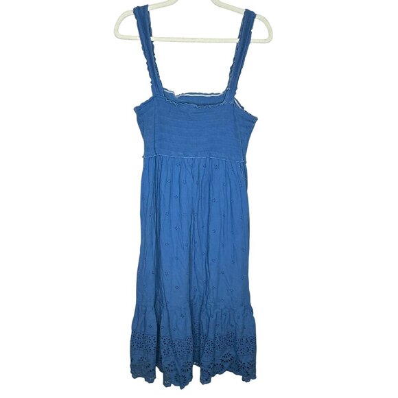 Betsey Johnson Blue Eyelet Maxi Dress Womens L Ruched Ruffle Romantic Cottage - Picture 1 of 10